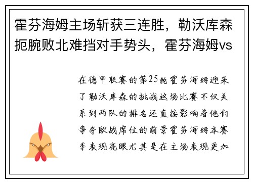 霍芬海姆主场斩获三连胜，勒沃库森扼腕败北难挡对手势头，霍芬海姆vs