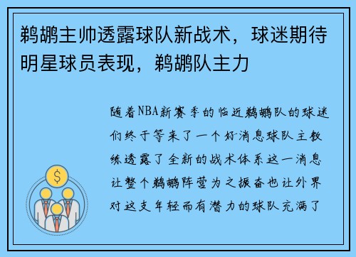 鹈鹕主帅透露球队新战术，球迷期待明星球员表现，鹈鹕队主力